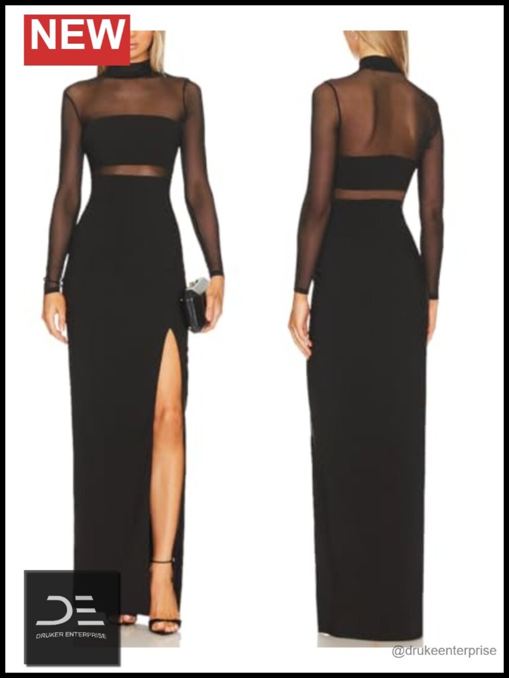 Women Lace Mesh Long Sleeve Turtleneck Bodycon Maxi Dress with Side Slit